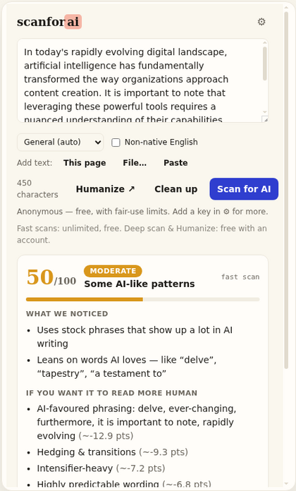 The ScanForAI extension popup scoring a pasted paragraph 50/100 moderate, listing the AI-style phrases it noticed